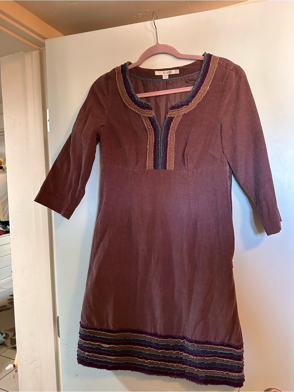 Boden Mauve Corduroy Midi Dress with Multicolor Trim